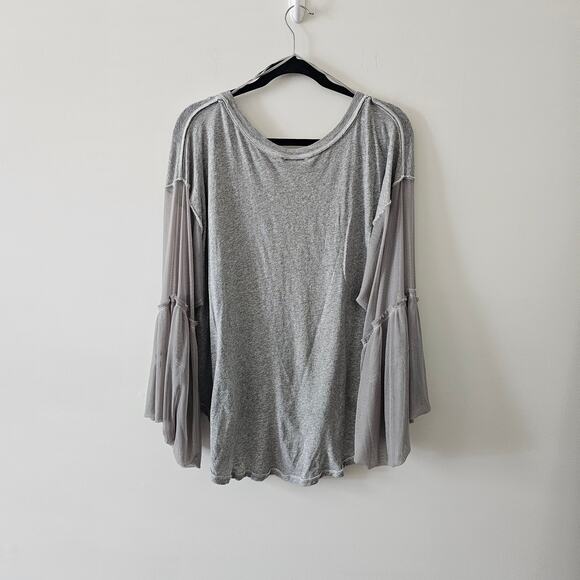 Free People Gray Still Got it Mesh Oversized Bell Sleeves Boho Top Size XS - Picture 2 of 5
